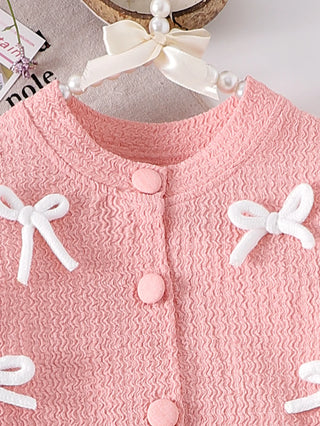 موضة 2025 cute pink بنت صيف بدلة for children bow bubble كم قصير plus جيب كاجوال print ستايل
