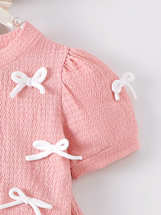موضة 2025 cute pink بنت صيف بدلة for children bow bubble كم قصير plus جيب كاجوال print ستايل