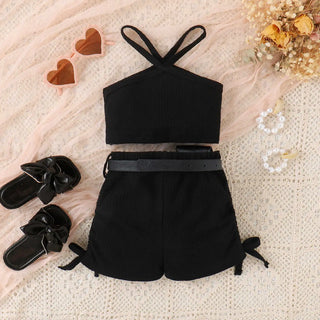 موضة 2025 european american بنات' cotton shorts waist pack three-piece بدلة children's clothing sets
