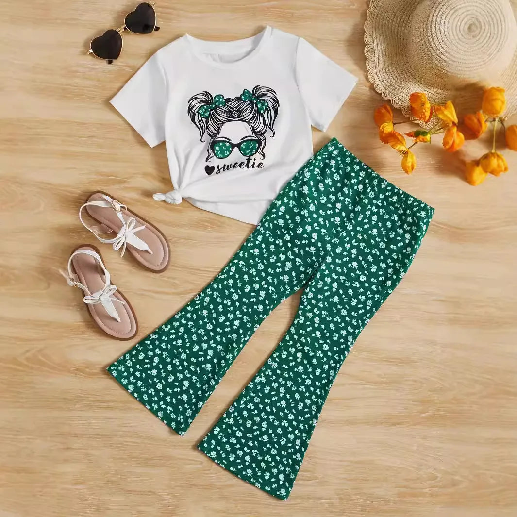 موضة 2025 european american ستايل كاجوال cross-border children's clothing بنات printed jacket with micro-pants بدلة