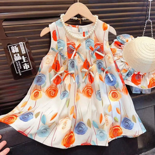 موضة 2025 بنات' rose flower bow فستان sweet أميرة بدون أكمام فيست فستان with ruffles hat صيف knitted odm product for children