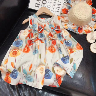 موضة 2025 بنات' rose flower bow فستان sweet أميرة بدون أكمام فيست فستان with ruffles hat صيف knitted odm product for children