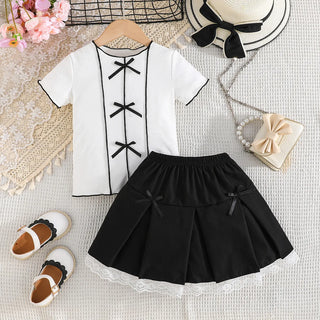 موضة 2025 بنات صيف كاجوال فستان simple line design with أكمام قصيرة توب and solid color lace جيب