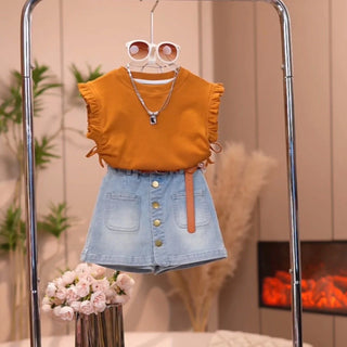 موضة 2025 بنات صيف كاجوال طقم قطعتين جديد foreign ستايل print فيست دينم جيب pants with drawstring for little children
