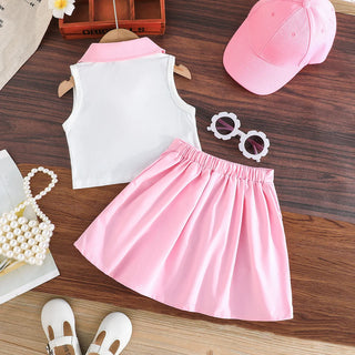 موضة 2025 بنات صيف cute pink بدون أكمام توب بليسيه جيب كاجوال cotton print بنت sets