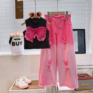 موضة 2025 بنات' صيف multi colors كاجوال طقم قطعتين بدون أكمام pierced jeans with explosion print outfits