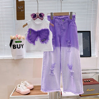 موضة 2025 بنات' صيف multi colors كاجوال طقم قطعتين بدون أكمام pierced jeans with explosion print outfits