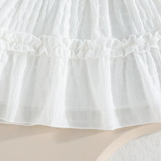موضة 2025 بنات' صيف جديد طقم flower بدون أكمام shirt pure white half body جيب طقم قطعتين