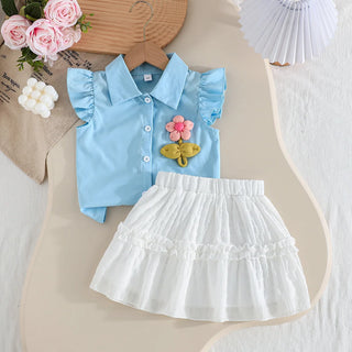 موضة 2025 بنات' صيف جديد طقم flower بدون أكمام shirt pure white half body جيب طقم قطعتين