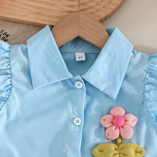 موضة 2025 بنات' صيف جديد طقم flower بدون أكمام shirt pure white half body جيب طقم قطعتين