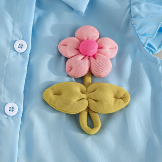 موضة 2025 بنات' صيف جديد طقم flower بدون أكمام shirt pure white half body جيب طقم قطعتين