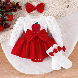موضة 2025 little بنات clothing طقم أكمام طويلة strawberry patch crawling توب bow جيب socks baby clothes