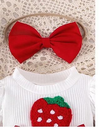 موضة 2025 little بنات clothing طقم أكمام طويلة strawberry patch crawling توب bow جيب socks baby clothes