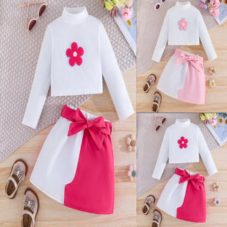 موضة 2025 جديد خريف/شتاء small high collar sticker small flower أكمام طويلة توب bow splicing half جيب طقم