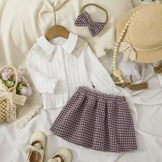 موضة 2025 جديد خريف and شتاء ستايل baby بنت أكمام طويلةd shirt half body جيب and headband طقم