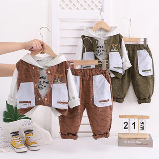 موضة 2025 جديد أولاد' korean water pattern waistcoat أكمام طويلة three-piece cotton كاجوال خريف بدلة with cool wind