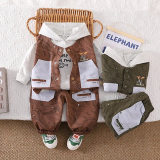 موضة 2025 جديد أولاد' korean water pattern waistcoat أكمام طويلة three-piece cotton كاجوال خريف بدلة with cool wind