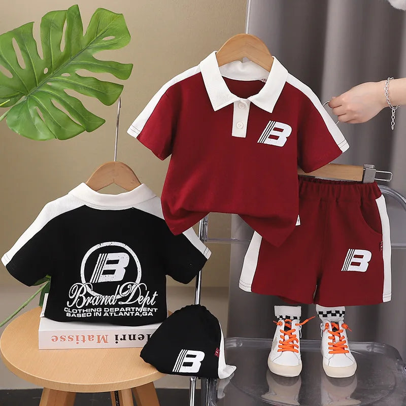موضة 2025 جديد أولاد صيف two-piece كاجوال بدلة cotton أكمام قصيرة polo shirt and shorts with printed pattern for children