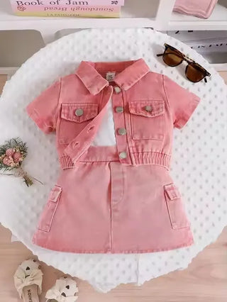 موضة 2025 جديد fashion 3pcs بنات clothing طقم أكمام قصيرة دينم jacket coat with قصير جيب outfits