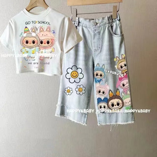 موضة 2025 جديد بنات كاجوال solid pattern bow jeans children's foreign ستايل wide leg pants big أطفال straight pants