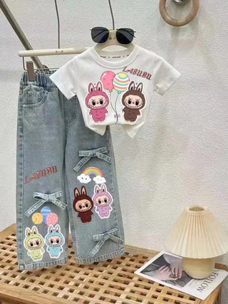 موضة 2025 جديد بنات كاجوال solid pattern bow jeans children's foreign ستايل wide leg pants big أطفال straight pants