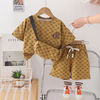 موضة 2025 جديد korean ستايل أولاد صيف بدلة أكمام قصيرة two-piece baby clothes with leopard logo design for أطفال