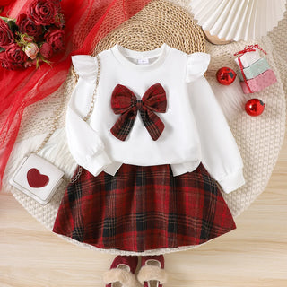 موضة 2025 جديد ربيع وخريف بنات' طقم small and medium sized bow أكمام طويلة checkered قصير جيب طقم قطعتين