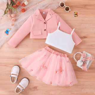 موضة 2025 جديد ربيع وخريف بنات' طقم أكمام طويلة coat tank توب قصير جيب 3-piece طقم