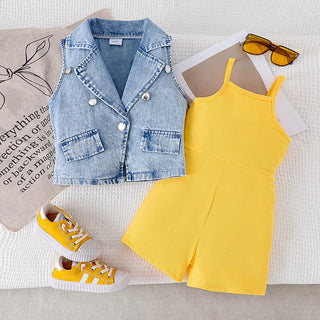 موضة 2025 جديد صيف بنات' waistcoat shorts طقم solid color lapel دينم with condole belt conjoined two-piece comfortable outfit