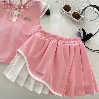 موضة 2025 preppy ستايل صيف بنات' outfit طقم high quality cotton floral lace فيست توب and جيب with bow جديد floral pattern
