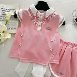 موضة 2025 preppy ستايل صيف بنات' outfit طقم high quality cotton floral lace فيست توب and جيب with bow جديد floral pattern
