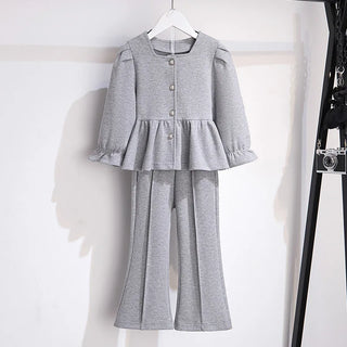 موضة 2025 ربيع خريف أطفال boutique clothing طقم أكمام طويلة square neck solid single breasted توب flared pants teen بنت clothes