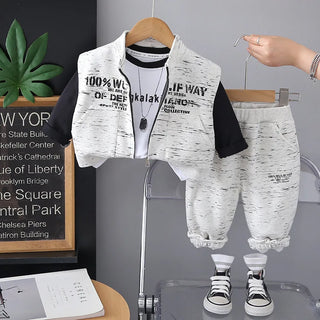 موضة 2025 ربيع وخريف جديد أولاد' طقم، fashionable and handsome english فيست أكمام طويلة three piece طقم for children