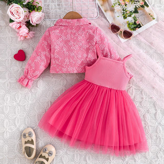 موضة 2025 ربيع وخريف جديد butterfly embroidered أكمام طويلة coat and purple butterfly strap تل فستان طقم قطعتين