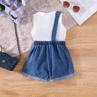 موضة 2025 صيف back to school 4-7years outfit children bows t-shirt توب دينم shorts two-piece بنات clothing