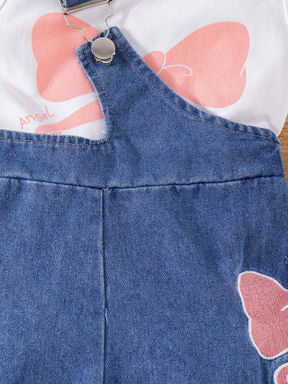 موضة 2025 صيف back to school 4-7years outfit children bows t-shirt توب دينم shorts two-piece بنات clothing