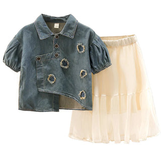 موضة 2025 صيف كاجوال children's clothing بنات' أكمام قصيرة دينم توب white جيب بدلة toddler بنت's foreign two-piece outfit