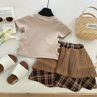 موضة 2025 صيف fashion بنات جديد joker أكمام قصيرة stitching plaid جيب طقم high quality cotton korean ستايل shirt
