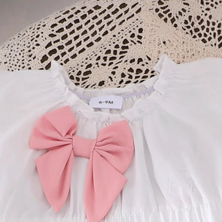 موضة 2025 صيف بنات كاجوال ستايل puff كم bow توب work trousers طقم قطعتين