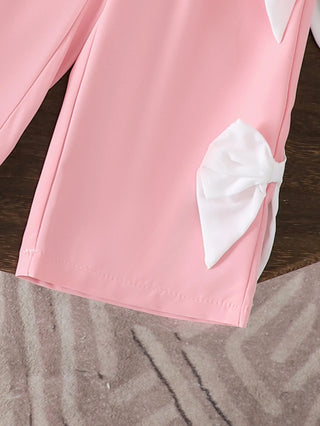 موضة 2025 صيف بنات كاجوال ستايل puff كم bow توب work trousers طقم قطعتين