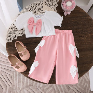 موضة 2025 صيف بنات كاجوال ستايل puff كم bow توب work trousers طقم قطعتين