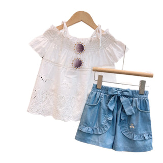 موضة 2025 صيف بنات' cute كاجوال طقم قطعتين جديد lace shoulder توب & jeans