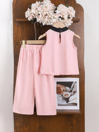 موضة 2025 صيف hot multi-color كاجوال print بدلة for بنات round neck بدون أكمام loose توب and trousers for children