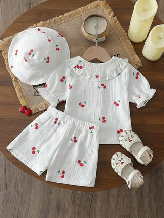 موضة 2025 صيف infant printed collar توب+shorts+hat طقم three piece طقم