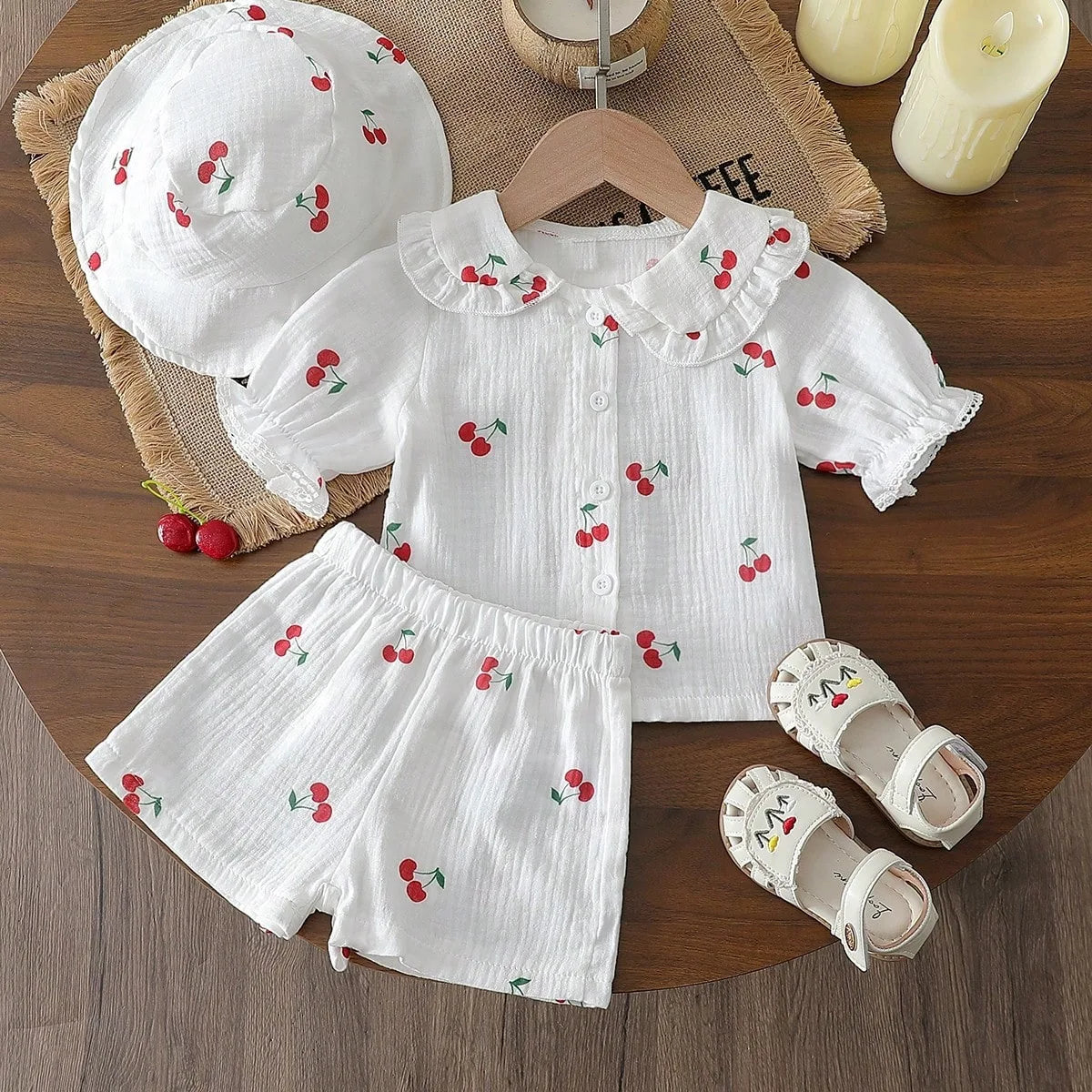 موضة 2025 صيف infant printed collar توب+shorts+hat طقم three piece طقم