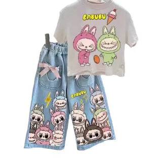 موضة 2025 صيف جديد cartoon print كاجوال ستايل أكمام قصيرة bow دينم pants children's two-piece بدلة