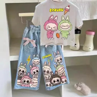 موضة 2025 صيف جديد cartoon print كاجوال ستايل أكمام قصيرة bow دينم pants children's two-piece بدلة