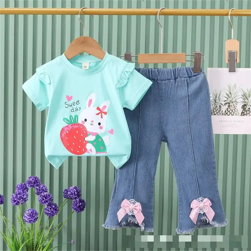 موضة 2025 صيف جديد cartoon print كاجوال ستايل أكمام قصيرة bow دينم pants children's two-piece بدلة