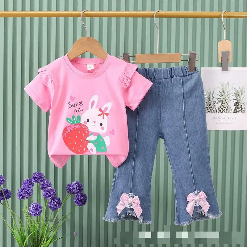 موضة 2025 صيف جديد cartoon print كاجوال ستايل أكمام قصيرة bow دينم pants children's two-piece بدلة