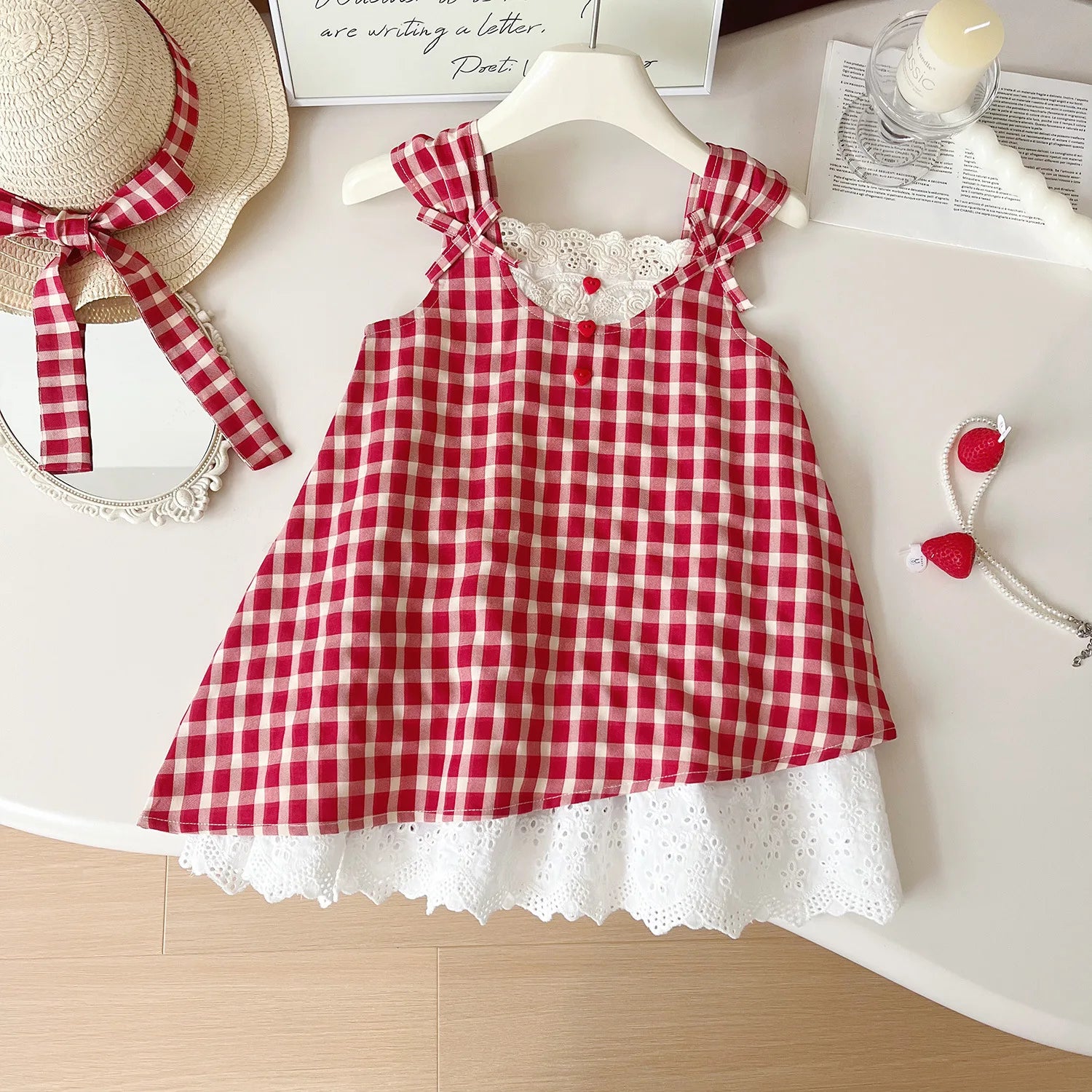 موضة 2025 صيف جديد بنات' plaid lace camisole فستان، cute and beautiful بنات' فستان